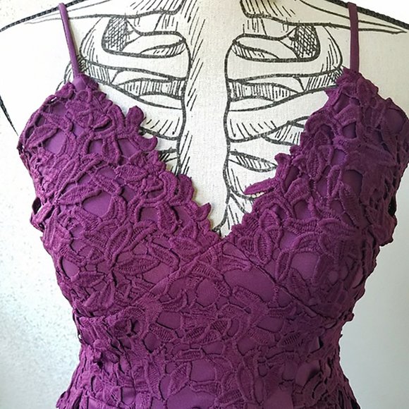 LOVE...ADY Lace Dress S Midi Spaghetti Fit Flare Wine Overlay 2/4 Aqua NWOT 50s - Picture 4 of 14